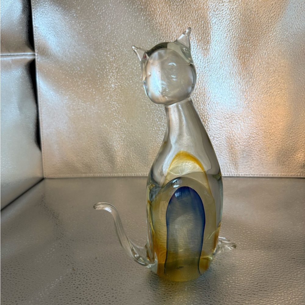 Glass Cat Figurine - Blue and Gold